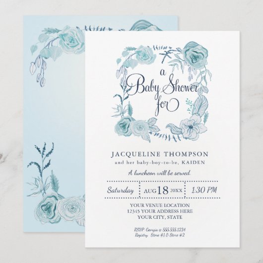 Invitation Baby Boy Douche Marine avec Aqua Blue Aquarelle Fl (Devant / Derrière)