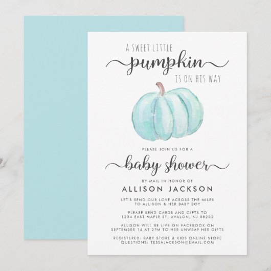 Invitation Baby Boy Douche Par Citrouille Courrier Aquarelle  (Devant / Derrière)