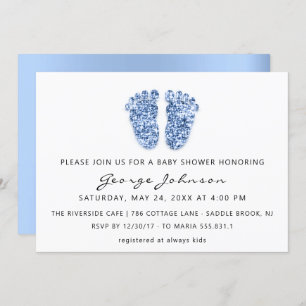 Invitation Baby Boy Douche Pieds Parties scintillant Bleu Bla