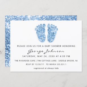 Invitation Baby Boy Douche Pieds Parties scintillant Bleu Bla