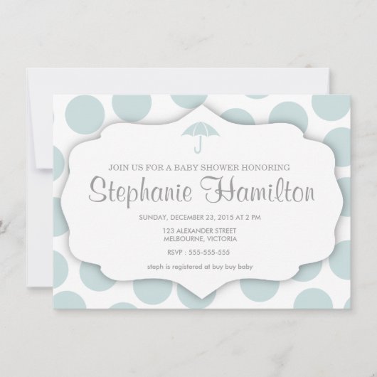 Invitation Baby boy douche pois cadre parapluie bleu (Devant)