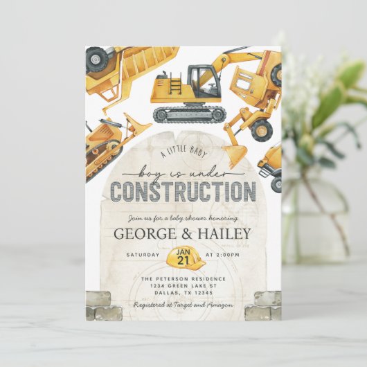 Invitation Baby Boy en construction Baby shower Camion de pom (Debout devant)
