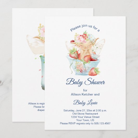 Invitation Baby Boy Fairy in Blue Teacup Baby shower (Devant / Derrière)