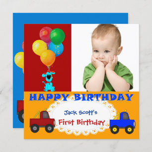 Invitation Baby Boy First Birthday 1er Colorful Puppy Trucks