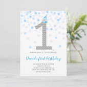 Invitation Baby Boy First Birthday Blue Confetti Boy Party (Debout devant)