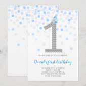 Invitation Baby Boy First Birthday Blue Confetti Boy Party (Devant / Derrière)