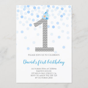 Invitation Baby Boy First Birthday Blue Confetti Boy Party