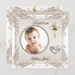 Invitation Baby Boy Girl Beige Cream Christening Baptême