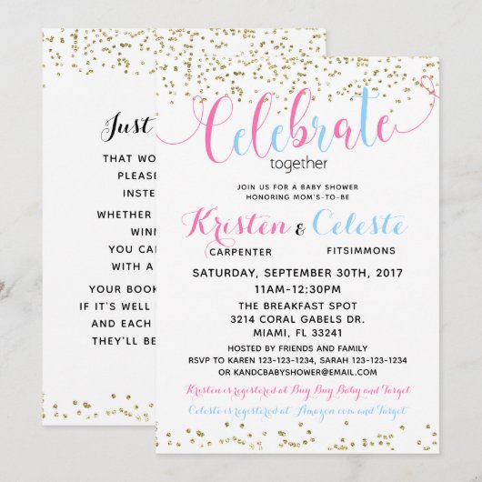 Invitation Baby Boy Girl Joint Friends Baby shower (Devant / Derrière)