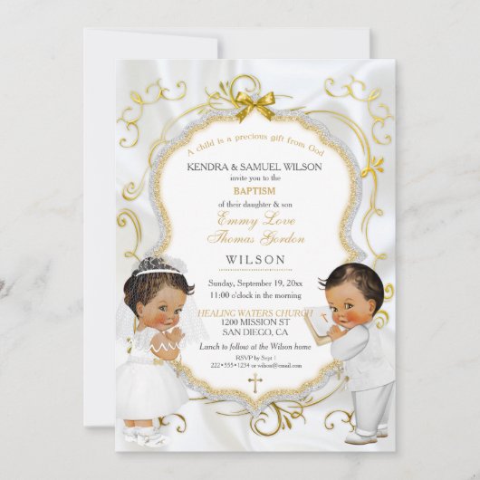 Invitation Baby Boy Girl Twins Baptême Christening Communion (Devant)