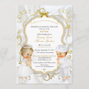 Invitation Baby Boy & Girl Twins Baptême Christening Gold