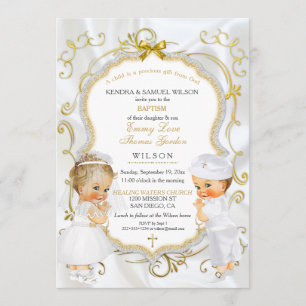 Invitation Baby Boy & Girl Twins Baptism Christening Gold
