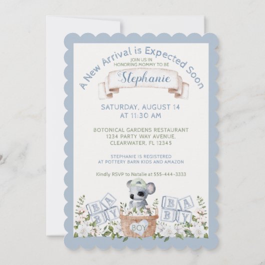 Invitation Baby Boy Koala Hot Air Balloon Aquarelle Douche (Dos)