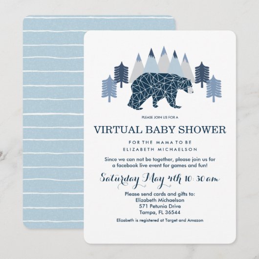 Invitation Baby Boy Modern Bear baby shower virtuel (Devant / Derrière)