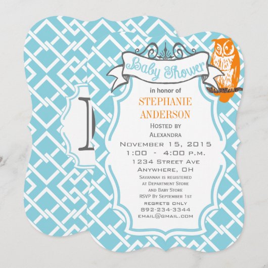 Invitation Baby Boy moderne Motif géométrique Chouette (Devant / Derrière)