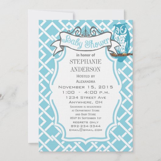 Invitation Baby Boy moderne Motif géométrique Chouette (Devant)