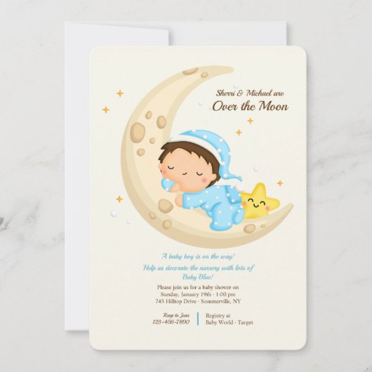 Invitation Baby Boy Over the Moon Baby shower (Devant)
