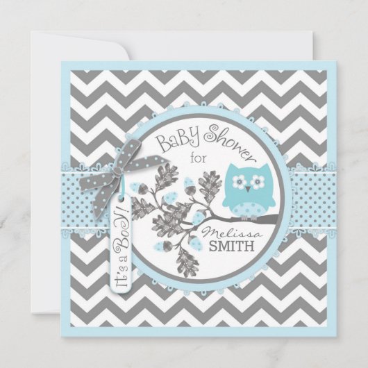 Invitation Baby Boy Owl Chevron Baby shower d'impression (Devant)
