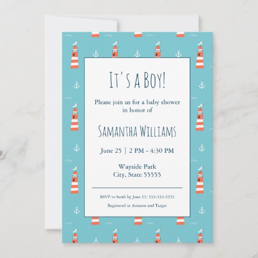 Invitation Baby Boy Phare et Motif d'Ancres sur Blue (Devant)
