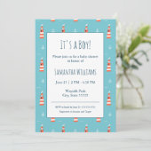 Invitation Baby Boy Phare et Motif d'Ancres sur Blue (Debout devant)