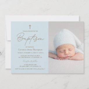 Invitation Baby Boy Photo Baptême Élégant Christening Moderne