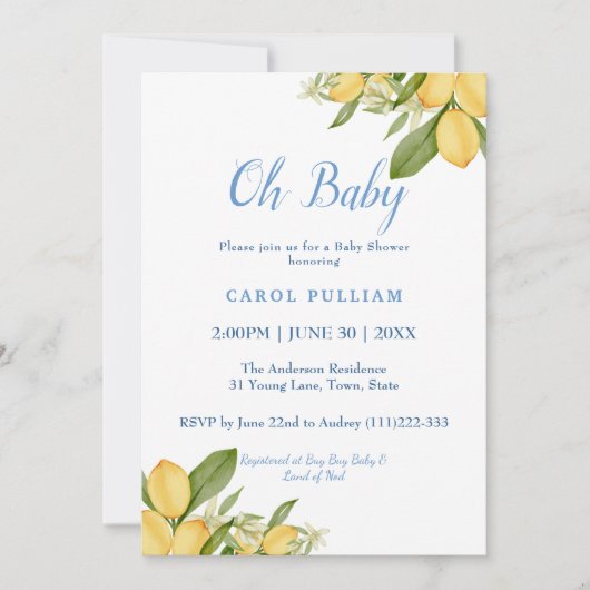Invitation Baby Boy Positano Lemons Baby shower Motif bleu (Devant)