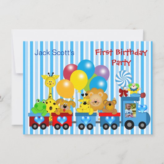 Invitation Baby Boy Premier anniversaire 1er train Photo Anim (Devant)