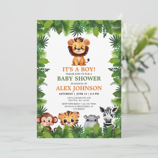Invitation Baby Boy Safari Animaux Lion Cub Baby shower (Debout devant)
