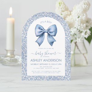 Invitation Baby Boy Shower Arc Bleu Blanc Motif Floral