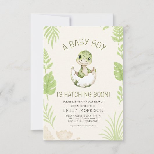 Invitation Baby Boy Shower Dinosaur Hatching Soon  (Devant)