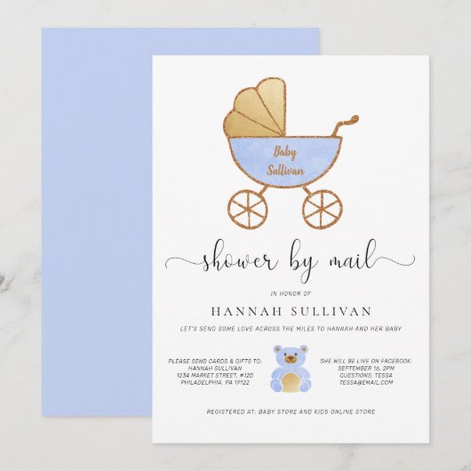 Invitation Baby Boy Shower par Mail Retro Carriage Blue Gold (Devant / Derrière)