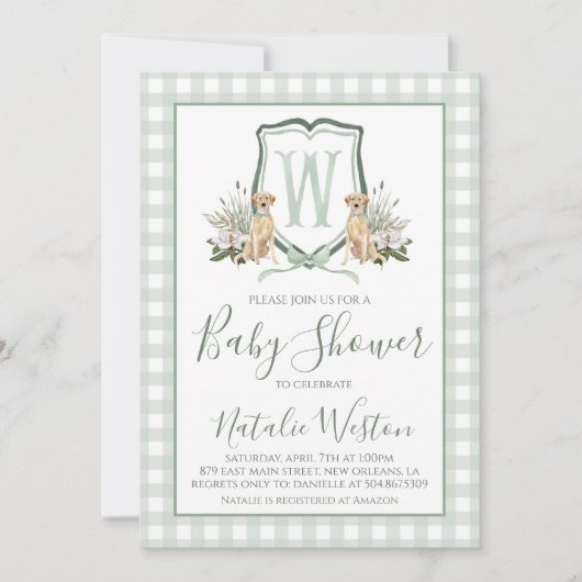 Invitation Baby Boy Shower Preppy Chien Southern Green En vic (Devant)