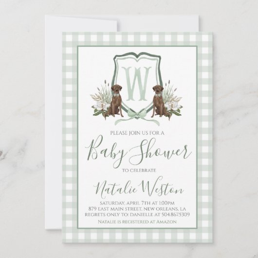 Invitation Baby Boy Shower Preppy Chien Southern Green En vic (Devant)