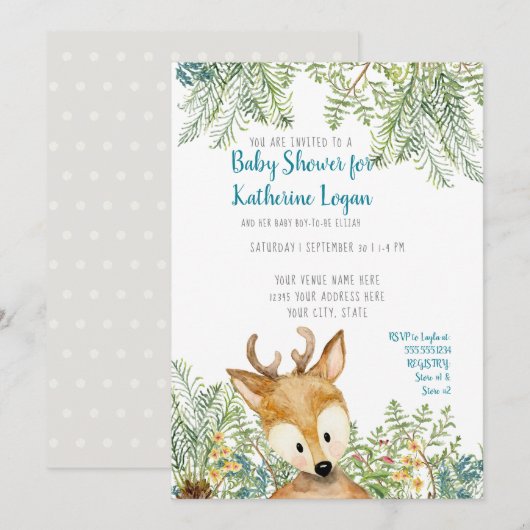 Invitation Baby Boy Shower Woodland Forest Deer Forest Grey (Devant / Derrière)