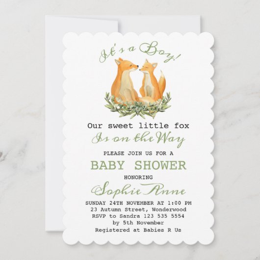 Invitation Baby Boy Sweet Fox Woodland Baby shower (Devant)