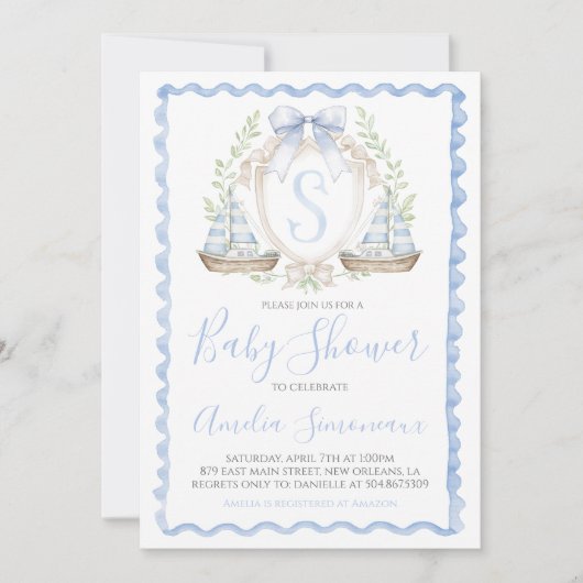 Invitation Baby Boy Voilier Douche Preppy Nautical Blue (Devant)