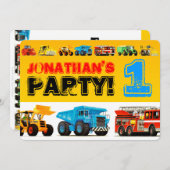 Invitation Baby Boy's Construction Camions 1er anniversaire f (Devant / Derrière)