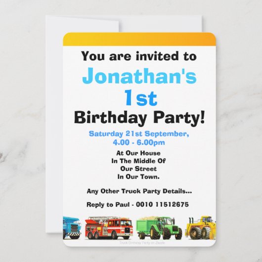 Invitation Baby Boy's Construction Camions 1er anniversaire f (Dos)