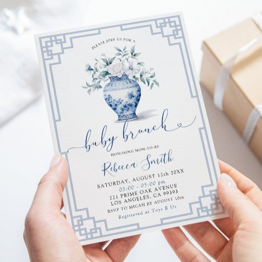 Invitation Baby-Brunch Pot Bébé Fleur Blanche en Chinoiserie