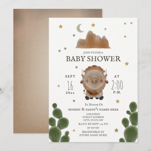 Invitation Baby Buffalo Mountain Cactus Stars Baby shower (Devant / Derrière)
