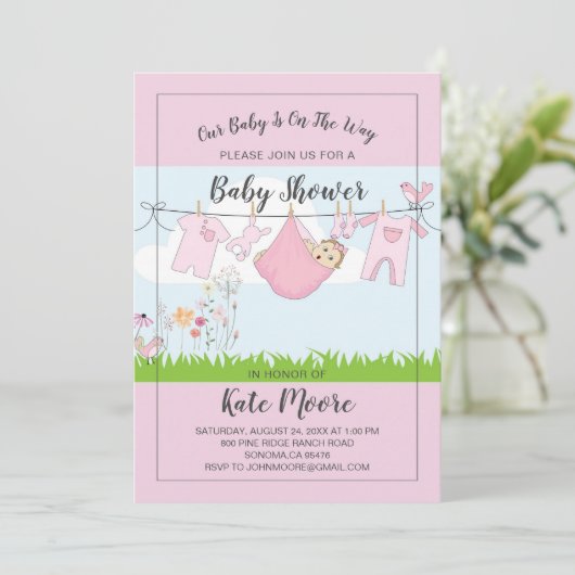 Invitation Baby Bundle Baby shower rose moderne Script (Debout devant)