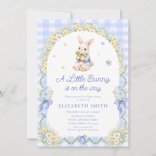 Invitation Baby Bunny Cute Rabbit Gingham Boy Baby Shower (Devant)