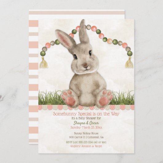 Invitation Baby Bunny Peach Ivory (Devant / Derrière)