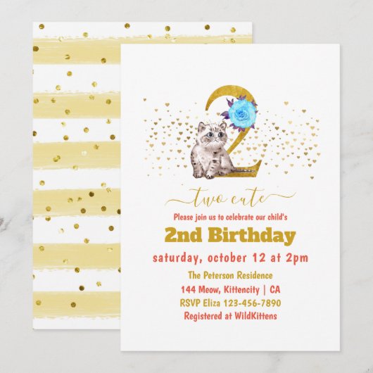 Invitation Baby Cat and Flowers 2e anniversaire (Devant / Derrière)