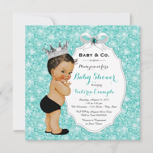 Invitation Baby & Co Black Turquoise Blue Ethnic Boy Baby sho (Devant)