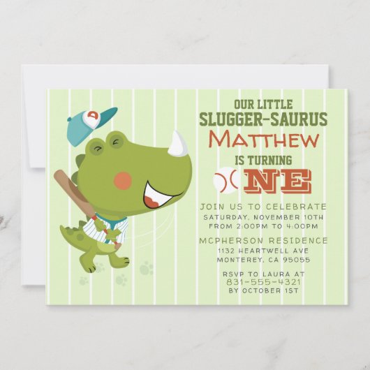 Invitation Baby Dinosaur Baseball Thème 1er Anniversaire (Devant)