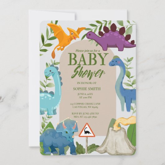 Invitation Baby Dinosaurs, Volcano, T-Rex Baby Shower (Devant)