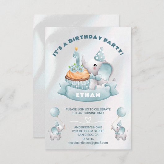 Invitation Baby Elephant 1er anniversaire (Devant / Derrière)