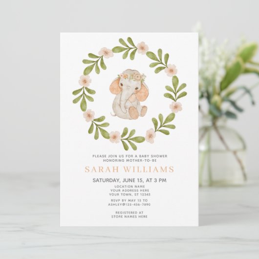 Invitation Baby Elephant Aquarelle Wreath Pastel Baby shower (Debout devant)