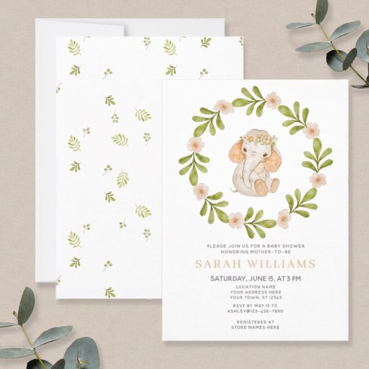 Invitation Baby Elephant Aquarelle Wreath Pastel Baby shower